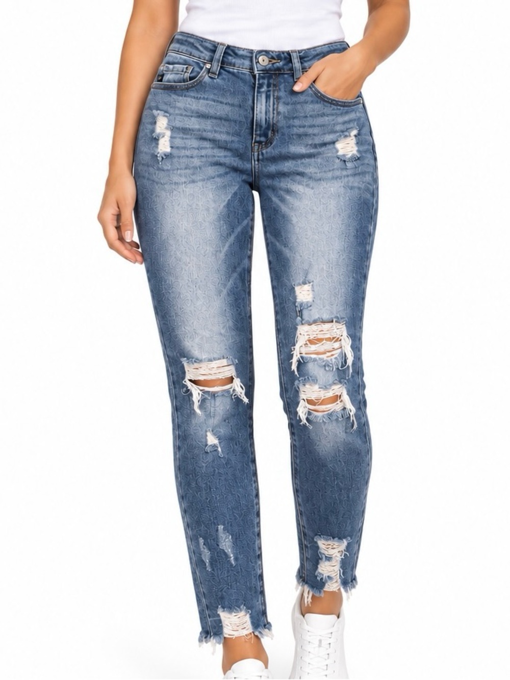 KanCan Women’s Distressed Skinny Jeans Size 5/26 Medium Wash Stretch Raw Hem